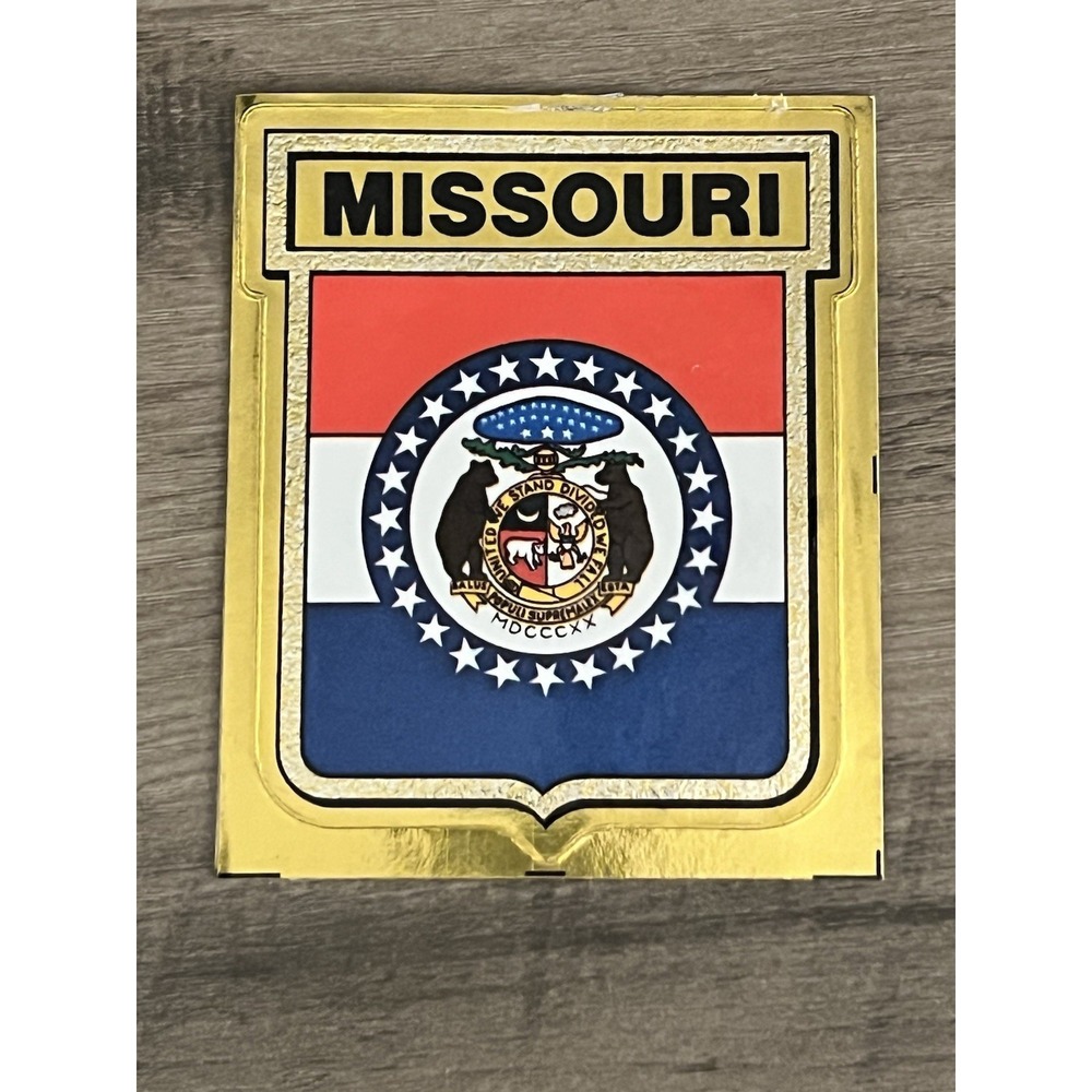 1972 Vintage Gulf Oil Missouri State‎ Flag Travel Sticker Decal With History